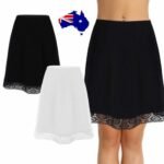 Woman in lace half slip Black color, front view, showing lace trim.