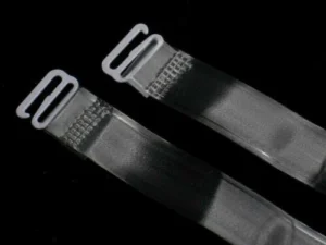 Woman using clear bra straps Australia Transparent color, front view, showing metal buckle.