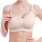 Woman in wirefree nursing bra Beige color, front view, showing buckle design.