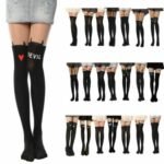 Woman in silk pantyhose for women Black color, front view, showing ribbed skeleton design.