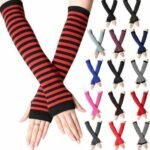 Woman in striped cotton fingerless gloves, front view, showing striped design.