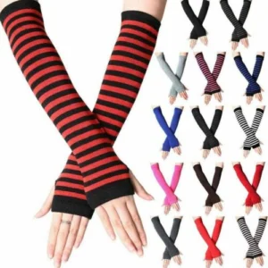 Woman in striped cotton fingerless gloves, front view, showing striped design.
