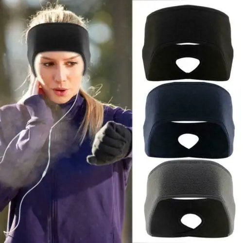 12-739-1.jpg Woman in fleece ponytail headband Black color, front view, showing ponytail slot.