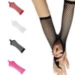 Woman in sexy lace fingerless gloves Black color, front view, showing net design.