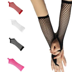 Woman in sexy lace fingerless gloves Black color, front view, showing net design.