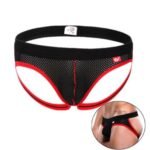 Man in men’s breathable mesh thong Black color, front view, showing mesh design.