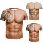 Man in 3D muscle print T-shirt Multicolor design, front view, showing 3D muscle print.
