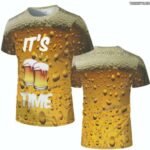 Person in funny beer 3D T-shirt Multi-color, front view, showing 3D beer print.