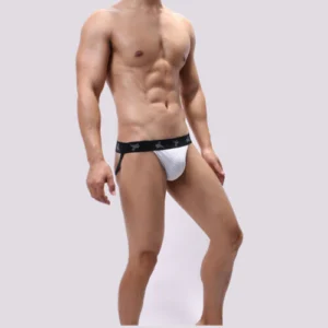 Man in sexy mesh jockstrap men Black color, front view, showing U convex pouch design.