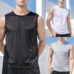 Man in mesh gym tank top men Black color, front view, showing sleeveless design.