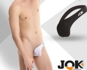 Man in sexy half-thong men’s underwear Multicolor design, front view, showing bulge pouch design.