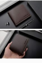 Man with PU two-fold wallet men Black color, front view, showing two-fold design.