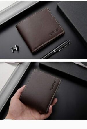 Man with PU two-fold wallet men Black color, front view, showing two-fold design.