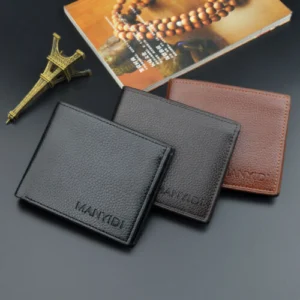 Man with men’s slim license wallet Black color, front view, showing horizontal design.
