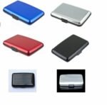 Person with waterproof ID wallet Australia Black color, front view, showing aluminum case.