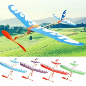 Kid with rubber band plane toy Australia Multicolor design, front view, showing wooden build.