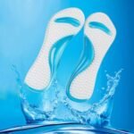 Woman with silicone heel insoles Australia Blue color, front view, showing 3/4 length design.