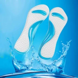 Woman with silicone heel insoles Australia Blue color, front view, showing 3/4 length design.