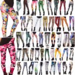 Woman in printed stretch leggings Purple Universe pattern, front view, showing slim fit.