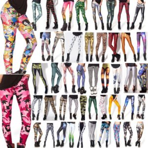 Woman in printed stretch leggings Purple Universe pattern, front view, showing slim fit.