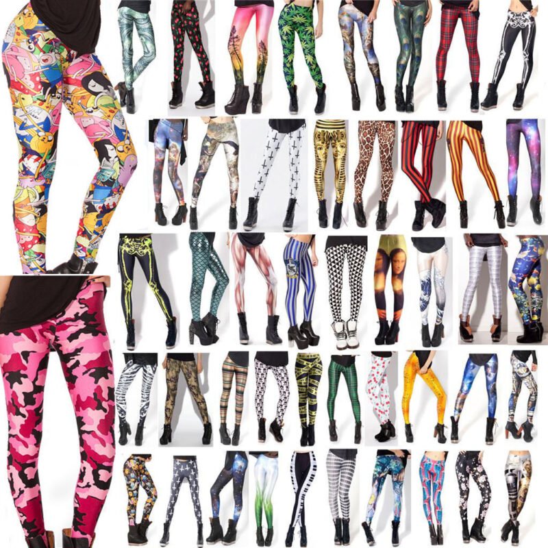 Woman in printed stretch leggings Purple Universe pattern, front view, showing slim fit.