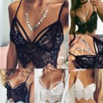 Woman in lace floral bralette White color, front view, showing floral design.