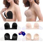 Woman in self-adhesive push-up bra Black color, front view, showing U-shape lift.