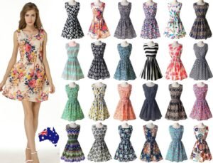Woman in floral boho dress vibrant pattern, front view, showing sleeveless design.