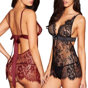 Woman in lace babydoll set Black color, front view, showing floral lace.