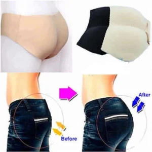 Woman in padded hip enhancer panties Nude color, front view, showing seamless design.