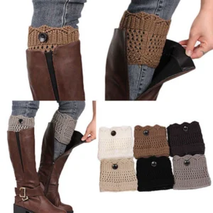 Woman in knitted boot cuffs Khaki color, front view, showing button design.