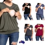 Woman in summer nursing top White color, front view, showing V-neck design.