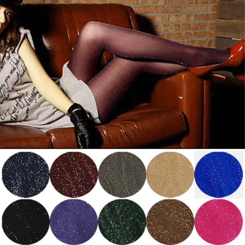 Woman in shimmer pantyhose Silver color, front view, showing glitter design.