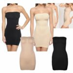 Woman in strapless tummy shaper Skin color, front view, showing slim design.