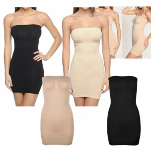 Woman in strapless tummy shaper Skin color, front view, showing slim design.