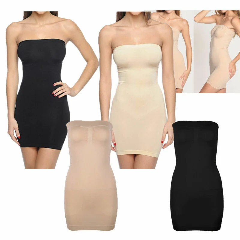 Woman in strapless tummy shaper Skin color, front view, showing slim design.
