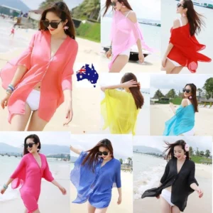 Woman in summer bikini cover-up, front view, showing solid chiffon design.