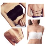 Woman in strapless lace bandeau top White color, front view, showing padded lift.