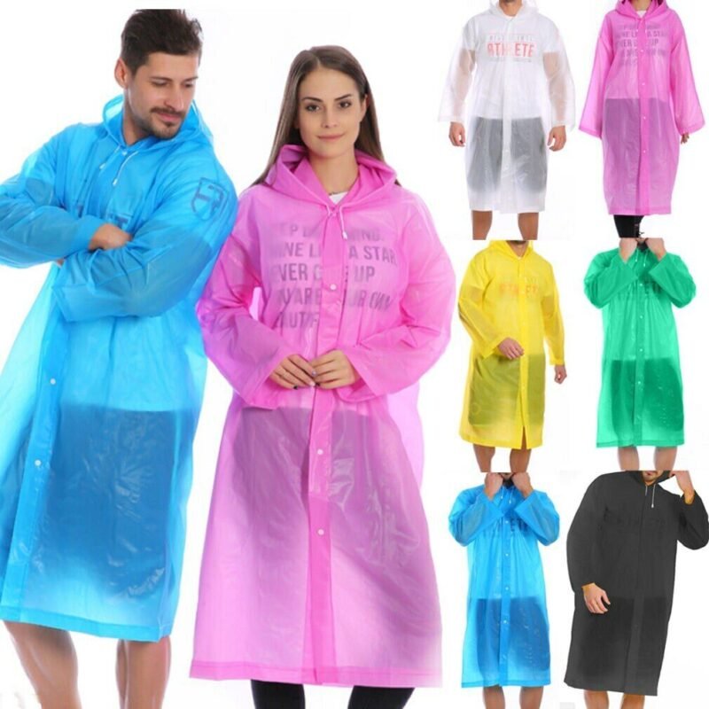 Person in transparent rain ponchos, front view, showing clear EVA design.