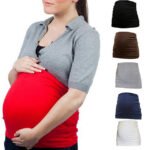 Pregnant woman in maternity support belly band, front view, showing stretchy fit.