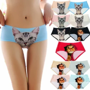 Woman in seamless 3D cat panties multicolored, front view, showing kitten print.