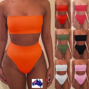 Woman in Brazilian bandeau bikini set multicolored, front view, showing off shoulder design.