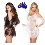 Woman in lace full slip set Black color, front view, showing lace trim design.