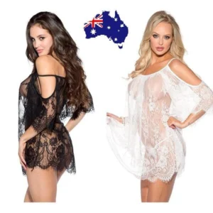 Woman in lace full slip set Black color, front view, showing lace trim design.