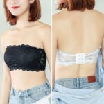 Woman in strapless lace tube bra Black color, front view, showing lace design.