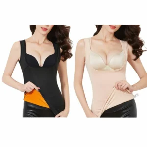 Woman in thermal tank top shaper Black color, front view, showing U-neck design.