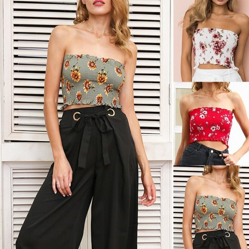 Woman in floral strapless tube top Multicolor, front view, showing ruffle design.