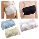 Woman in lace breathable tube bra Beige color, front view, showing lace design.