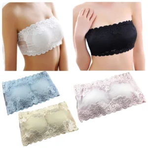 Woman in lace breathable tube bra Beige color, front view, showing lace design.