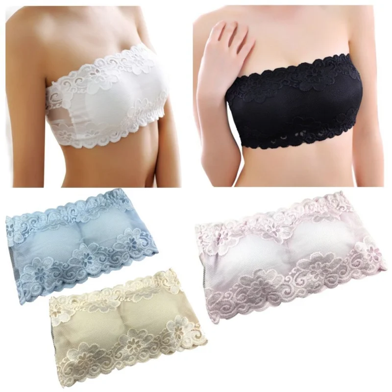 Woman in lace breathable tube bra Beige color, front view, showing lace design.